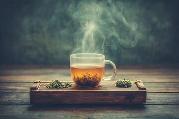 Peaceful Scene with Hot Tea and Wooden Tray in Gentle Light