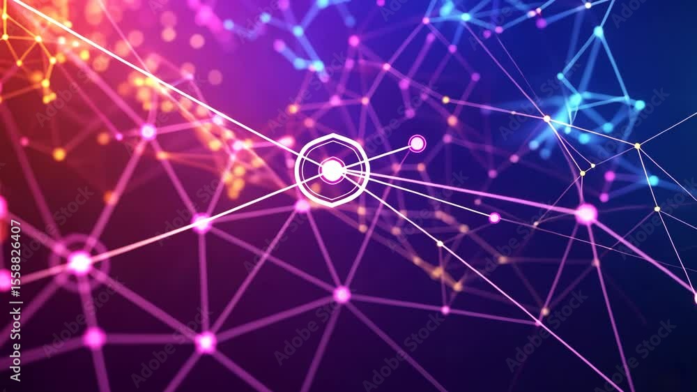 Poster abstract technology communication concept, intricate network of glowing lines and nodes