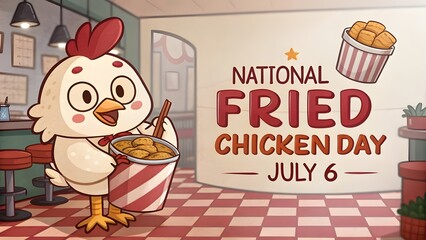 Cute cartoon chicken celebrating national fried chicken day with a bucket of chicken