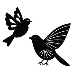 Two stylized black birds in silhouette with decorative wings in flight