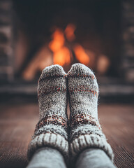 Cozy Feet in Warm Socks by Fireplace, Winter Comfort Scene