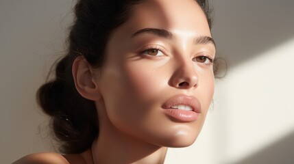 Naklejka premium beautiful woman portrait sunlit skin natural makeup