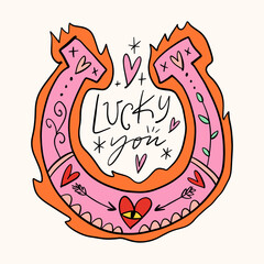Cowgirl western art groovy boho hippie coquette aesthetic. Pink horseshoe with Lucky text lettering. Hand drawn line coloring art vector illustration clipart. Bohemian postmodern funky psychedelic
