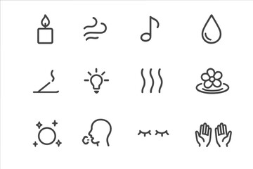 Spa and relaxation symbols: candle, music, aromatherapy, meditation, massage