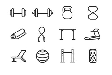 Fototapeta premium Minimalist gym equipment icons: dumbbells, kettlebell, treadmill, and more