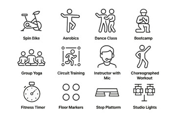 Fitness icons set for group classes and workouts