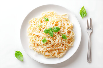 Top-Down View of Pasta Dish with Basil on White Background