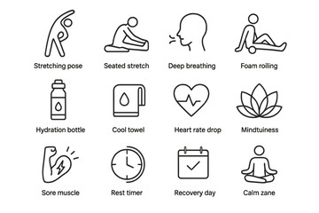 Icons of stretching and wellness tools for mindfulness and recovery