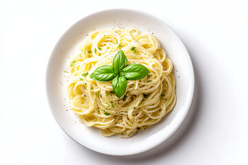 Minimalist Pasta Plate with Fresh Basil Garnish, Clean Table Setting