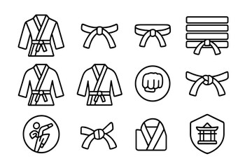 Martial arts icons featuring belts, kimonos, and symbols on grey background
