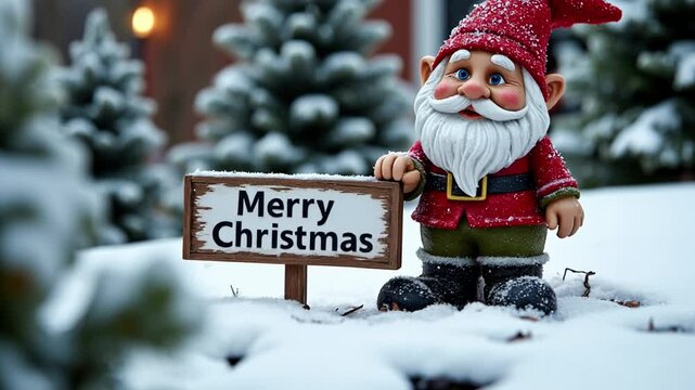 Lawn gnome holding a sign that reads Merry Christmas, winter landscape