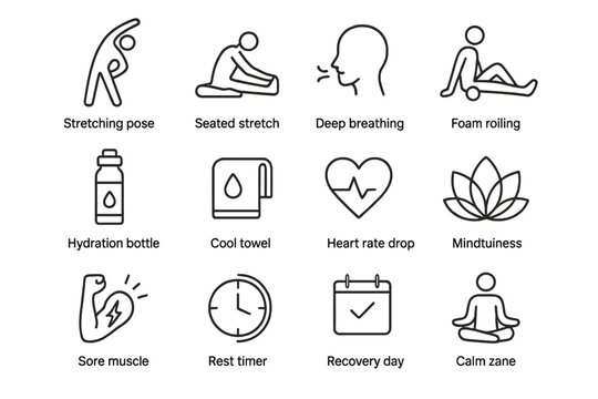 Icons of stretching and wellness tools for mindfulness and recovery