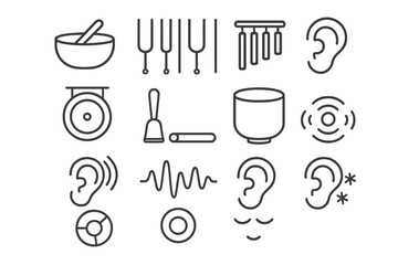Minimalist musical instrument icons with ears and sound waves in gray tones