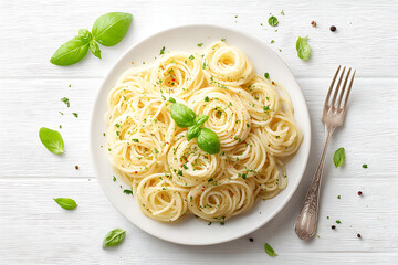 Simple and Elegant Pasta Meal on White Background, Overhead Shot