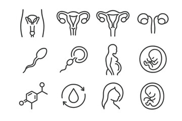 Reproductive system symbols: pregnancy, embryo, hormones, female anatomy