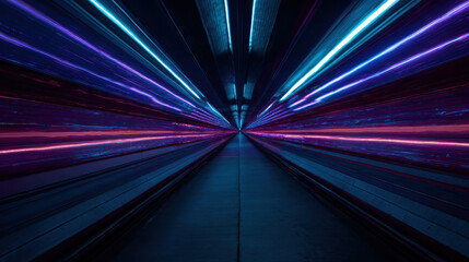 Long Underground Corridor with Symmetrical Neon Illumination