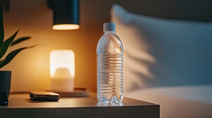 Mineral water bottle placed on a wooden nightstand with lamp in background at night