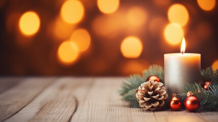christmas candlelight scene with pine cone and ornaments