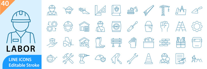 Labor line editable icon set. Labor icons. Contains icons related to labor, construction, and more. Vector illustration.