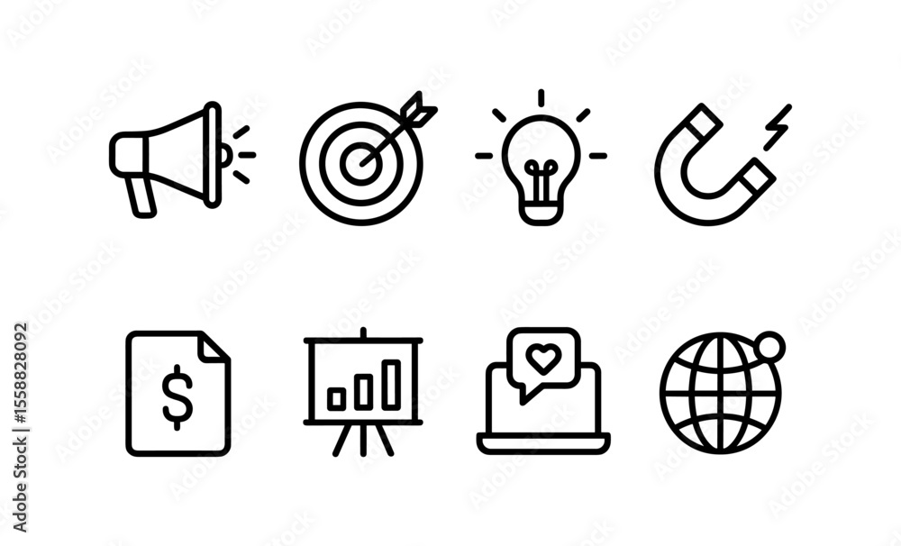 Poster set of simple line icons representing business and marketing concepts