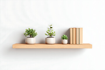Minimalist Shelf with Indoor Plants and Books Against White Wall