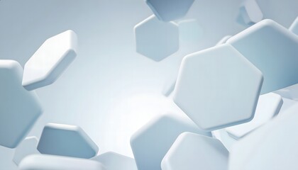 3D abstract background with soft white floating hexagons.