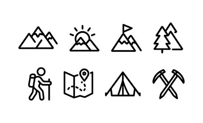 Outdoor adventure icons: mountains, camping, hiking, and navigation symbols