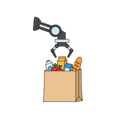 Robotic arm packing groceries into a paper bag on white background