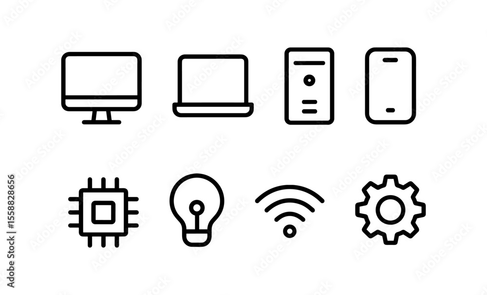 Poster set of minimalist tech icons featuring computer, smartphone, and device elements