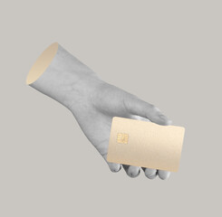 Card in hand, close-up of bank transaction. Paying for purchase with debit card, secure payment, and