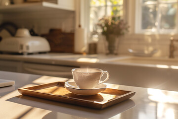 Obraz premium Vintage teacup with chipped edge on wooden tray in warm kitchen light