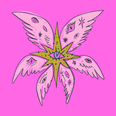 Bible cartoon pink accurate angel hand-drawn doodle psychedelic illustration with many eyes isolated clipart on white background. Perfect for tattoo or sticker or t shirt print and more. Be not afraid