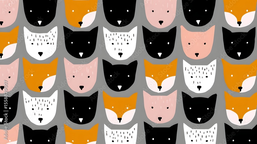 Poster whimsical cat faces in a repeating pattern