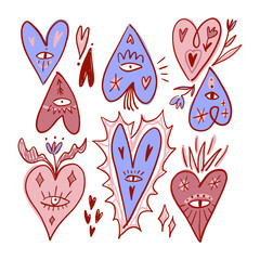 Set of groovy cartoon hand sketched doodle sacred hearts with eyes and floral elements couple mystical boho hippie drawn sketchy handmade blossom flowers heart cartoon vintage style illustration