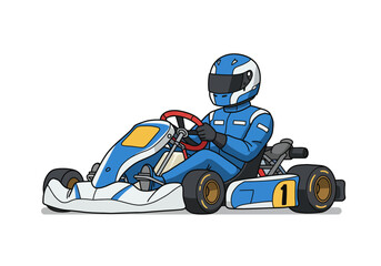 A cartoonstyle kart racer wearing a blue suit and helmet sits in a light blue and white gokart with the number one on the side