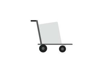A gray shopping cart with a square container and two wheels is shown