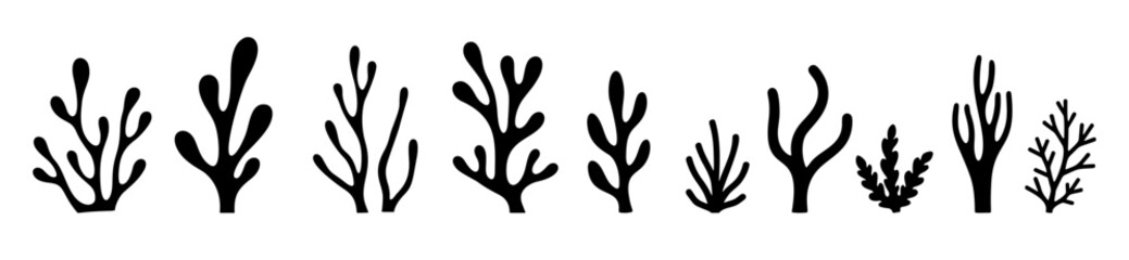 Seaweed coral silhouette black vector icon. Weed plant ocean reef fish underwater seaweed coral isolated design