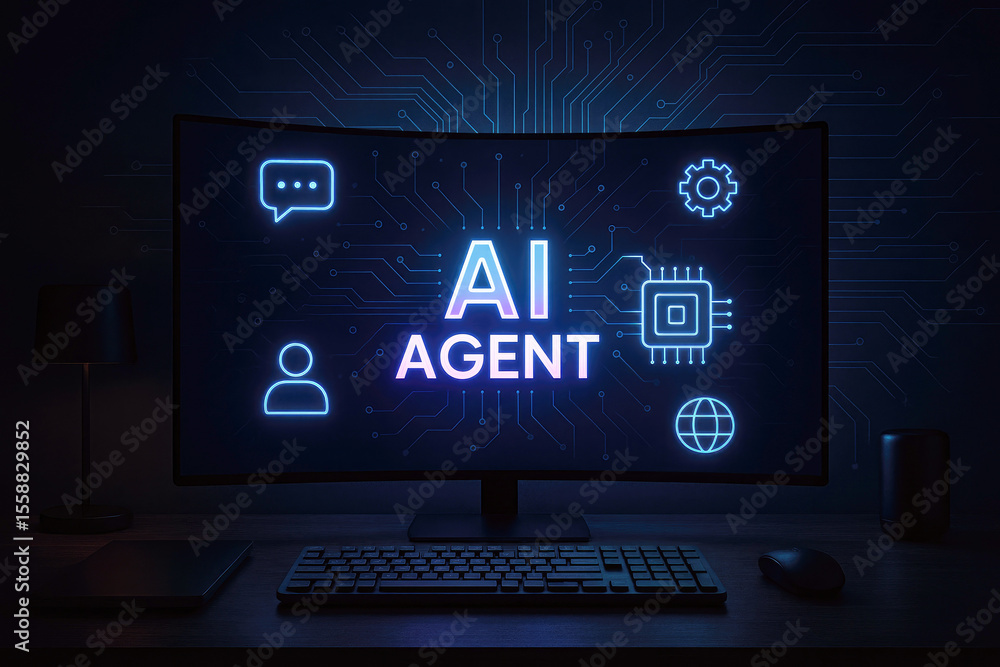 Aufkleber neon ai agent interface glowing on a dark desk computer monitor