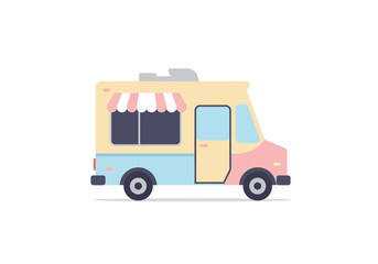 A pastelcolored food truck featuring pink yellow and blue panels