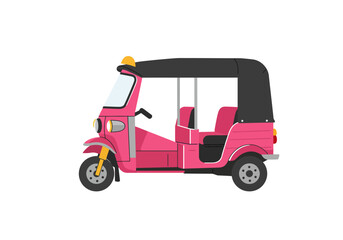 Obraz premium A pink tuktuk with a black roof and yellow light stands isolated