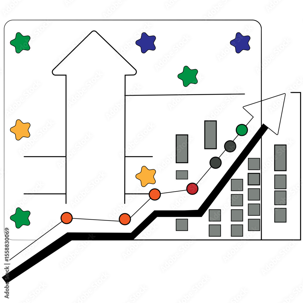 Poster minimal stock trading icon with curved line chart and dots showing upward trend, featuring a flat ve