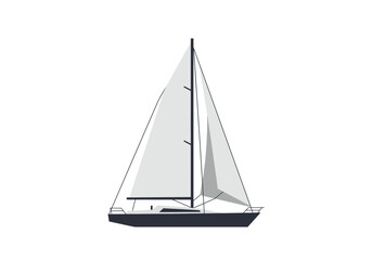 A sailboat stands tall with sails billowed against a white backdrop