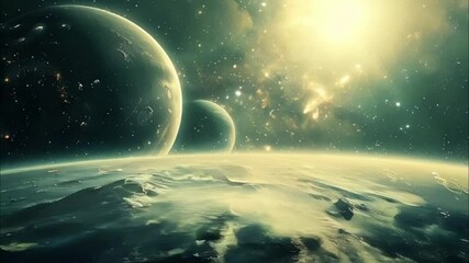 Planets gather in the solar system amidst glowing stars in a vibrant cosmic atmosphere