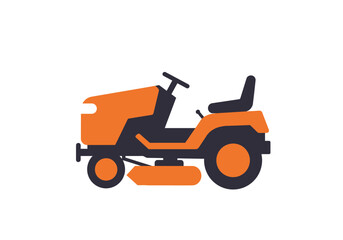 A simple flat illustration of a lawn tractor in orange and navy blue on a white background