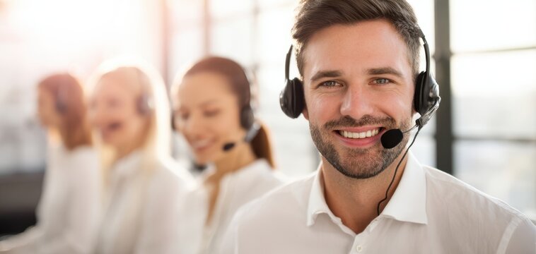 The smiling professional in a busy call center providing excellent customer support.