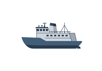 Fototapeta premium A stylized ferry boat with a boxy cabin smoke stack and antennae on a white background