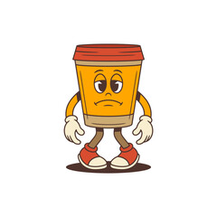 Unhappy orange takeaway coffee cup mascot with red lid looking down sadly with arms lowered. Suitable for emotional branding, posters, or cafe-themed content. Vector illustration