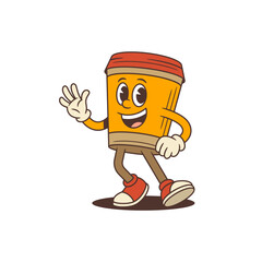 Orange cheerful coffee cup mascot with red lid standing and waving hand. Perfect for coffeeshop branding, cafe marketing, and beverage promotions. Suitable for logos, icons design. Vector illustration