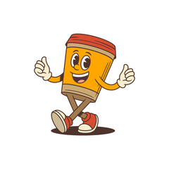 Joyful orange coffee cup mascot walking confidently with a thumbs up gesture. Ideal for cafes, coffee shops, and beverage branding. Perfect for logos and marketing materials. Vector illustration