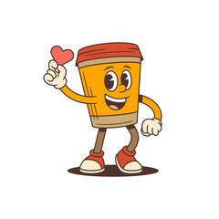 Orange coffee cup mascot holding a small red heart symbolizing love, respect, and social media likes. Perfect for digital marketing, cafe promotions, social networking designs. Vector illustration